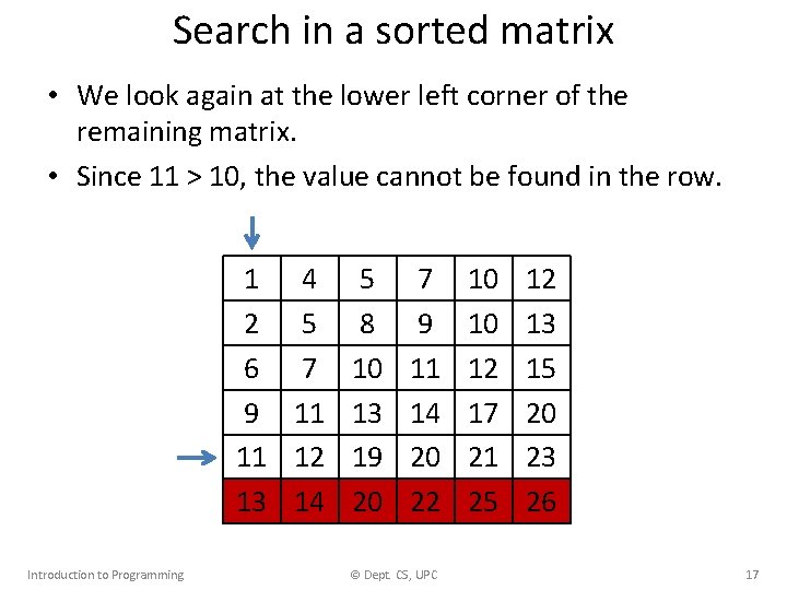 Search in a sorted matrix • We look again at the lower left corner