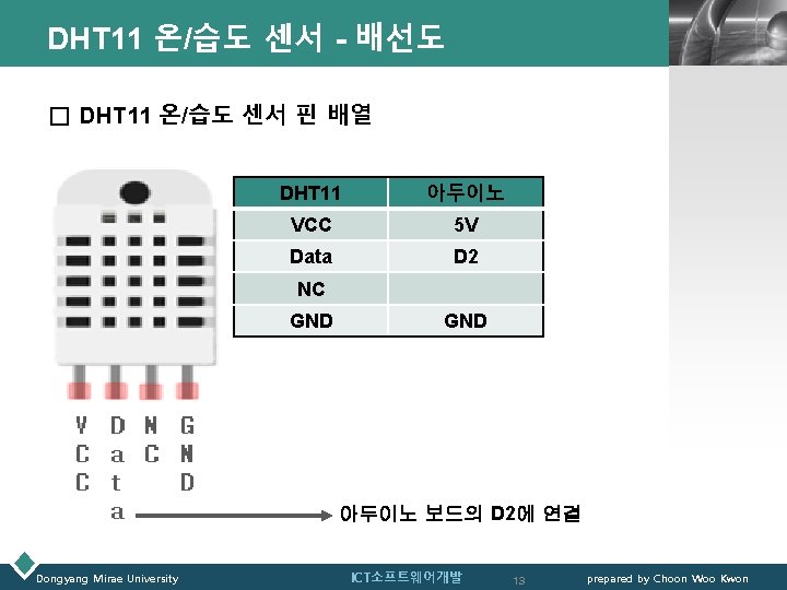 DHT 11 온/습도 센서 - 배선도 LOGO □ DHT 11 온/습도 센서 핀 배열