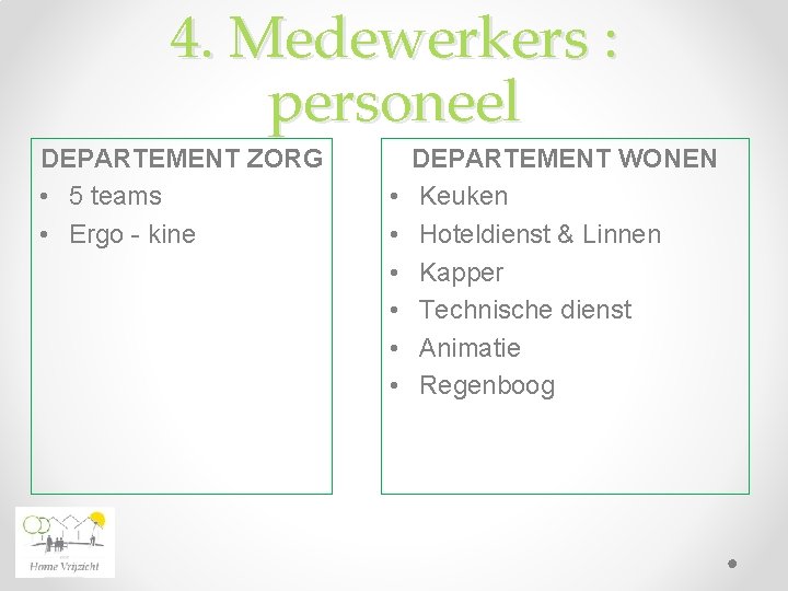 4. Medewerkers : personeel DEPARTEMENT ZORG • 5 teams • Ergo - kine •