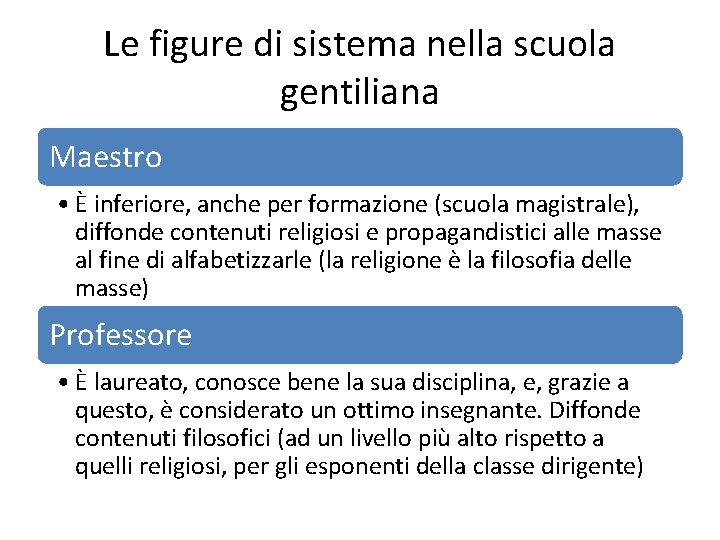 Le figure di sistema nella scuola gentiliana Maestro • È inferiore, anche per formazione