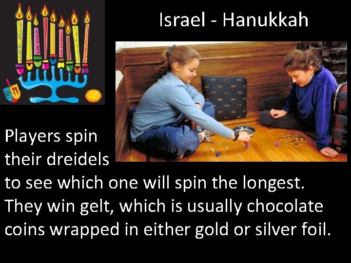 Israel - Hanukkah Players spin their dreidels to see which one will spin the