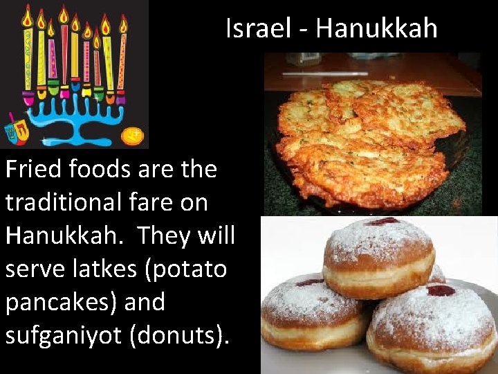 Israel - Hanukkah Fried foods are the traditional fare on Hanukkah. They will serve