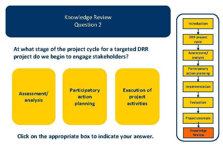 Knowledge Review Question 2 Introduction DRR project cycle At what stage of the project