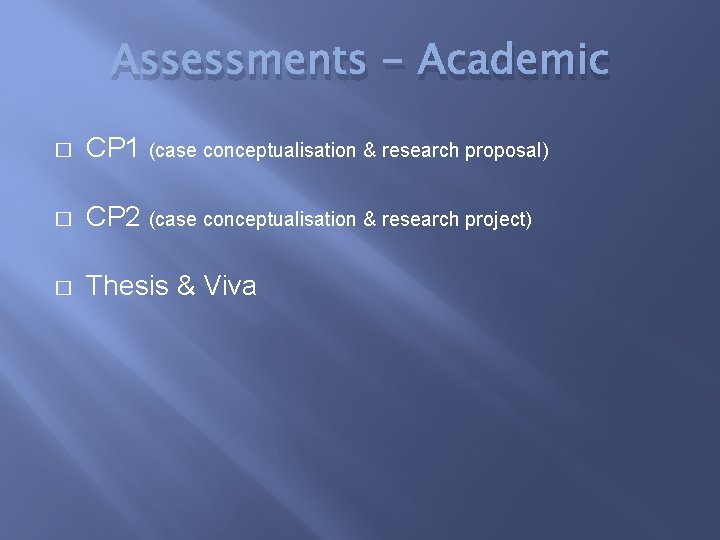 Assessments - Academic � CP 1 (case conceptualisation & research proposal) � CP 2