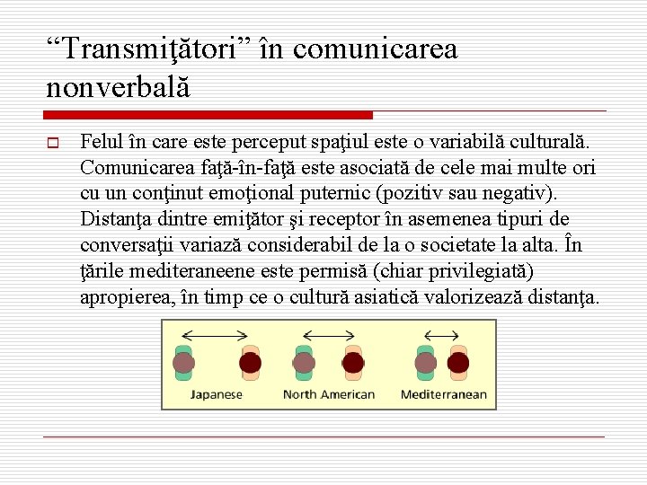 “Transmiţători” în comunicarea nonverbală o Felul în care este perceput spaţiul este o variabilă