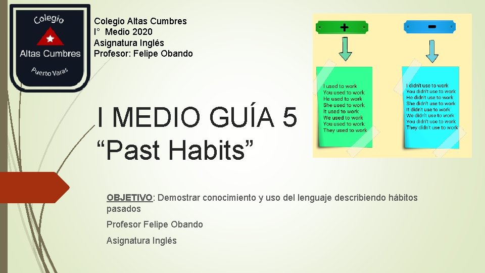 Colegio Altas Cumbres I° Medio 2020 Asignatura Inglés Profesor: Felipe Obando I MEDIO GUÍA