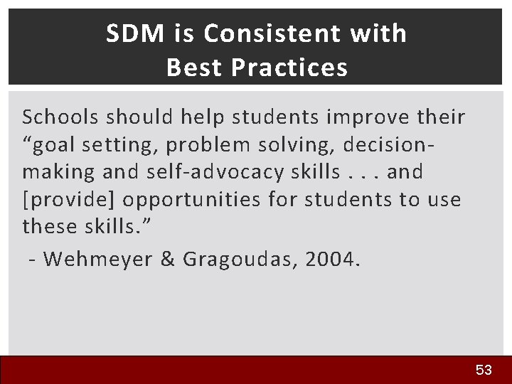 SDM is Consistent with Best Practices Schools should help students improve their “goal setting,