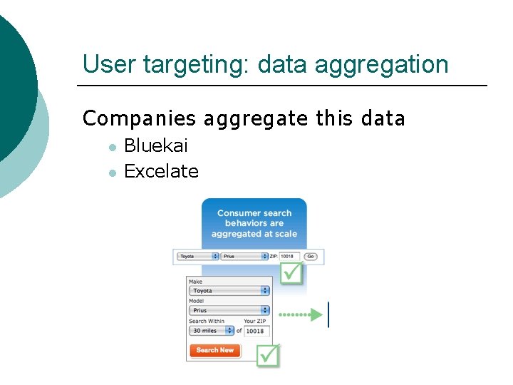 User targeting: data aggregation Companies aggregate this data l l Bluekai Excelate 