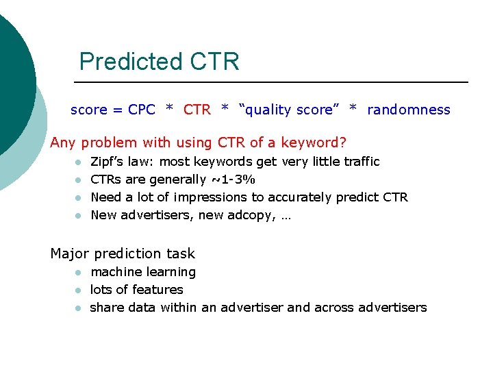 Predicted CTR score = CPC * CTR * “quality score” * randomness Any problem