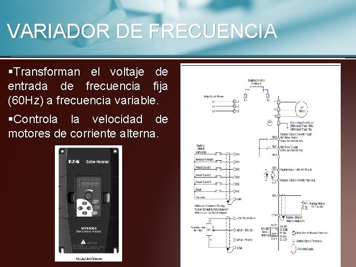 VARIADOR DE FRECUENCIA §Transforman el voltaje de entrada de frecuencia fija (60 Hz) a