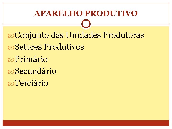 APARELHO PRODUTIVO Conjunto das Unidades Produtoras Setores Produtivos Primário Secundário Terciário 