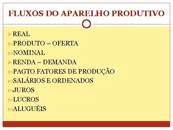 FLUXOS DO APARELHO PRODUTIVO Ø REAL PRODUTO – OFERTA NOMINAL Ø RENDA – DEMANDA