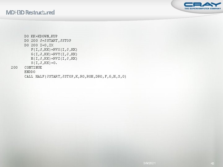 MDH 3 D Restructured DO KK=KDOWN, KUP DO 200 J=JSTART, JSTOP DO 200 I=0,