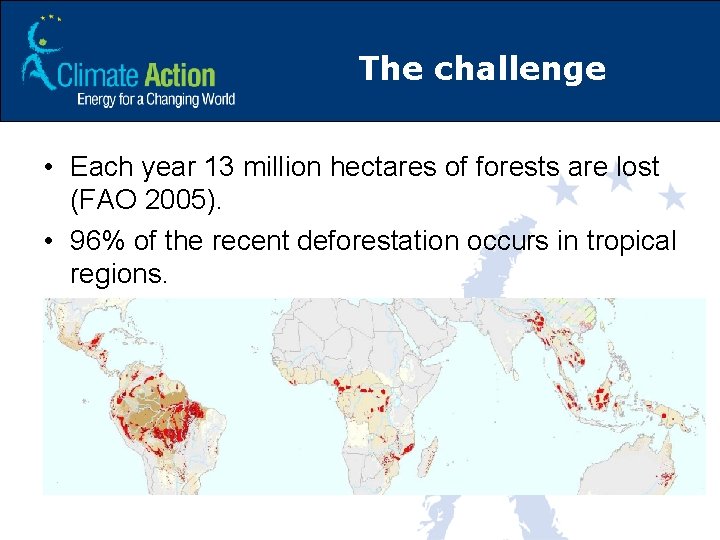 The challenge • Each year 13 million hectares of forests are lost (FAO 2005).