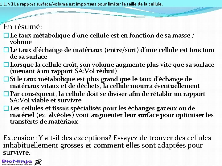1. 1. N 3 Le rapport surface/volume est important pour limiter la taille de