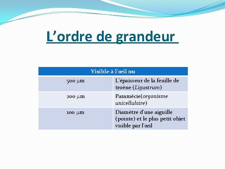 L’ordre de grandeur Visible à l’œil nu 500 m L’épaisseur de la feuille de