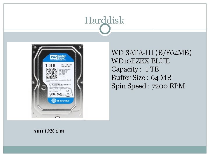 Harddisk WD SATA-III (B/F 64 MB) WD 10 EZEX BLUE Capacity : 1 TB