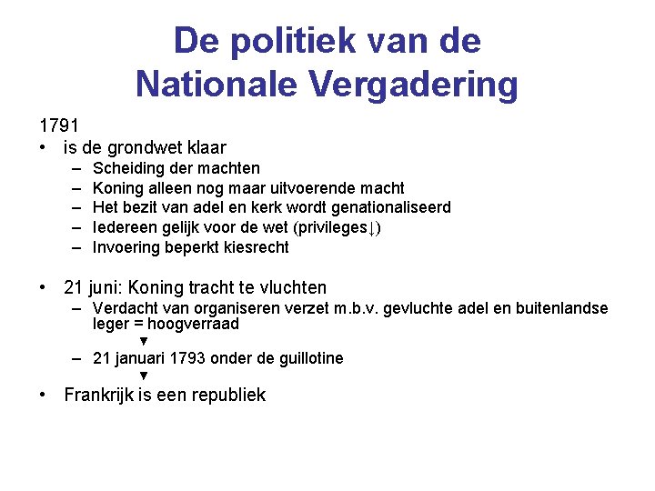 De politiek van de Nationale Vergadering 1791 • is de grondwet klaar – – De politiek van de Nationale Vergadering 1791 • is de grondwet klaar – –