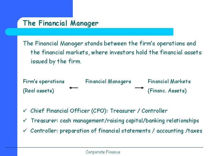 The Financial Manager stands between the firm’s operations and the financial markets, where investors