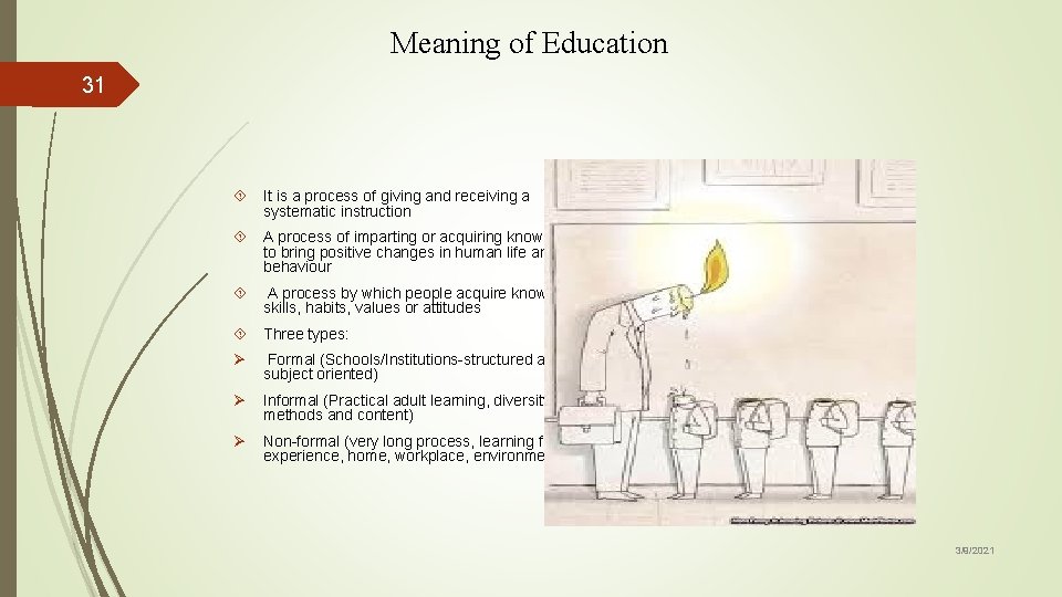 Meaning of Education 31 It is a process of giving and receiving a systematic