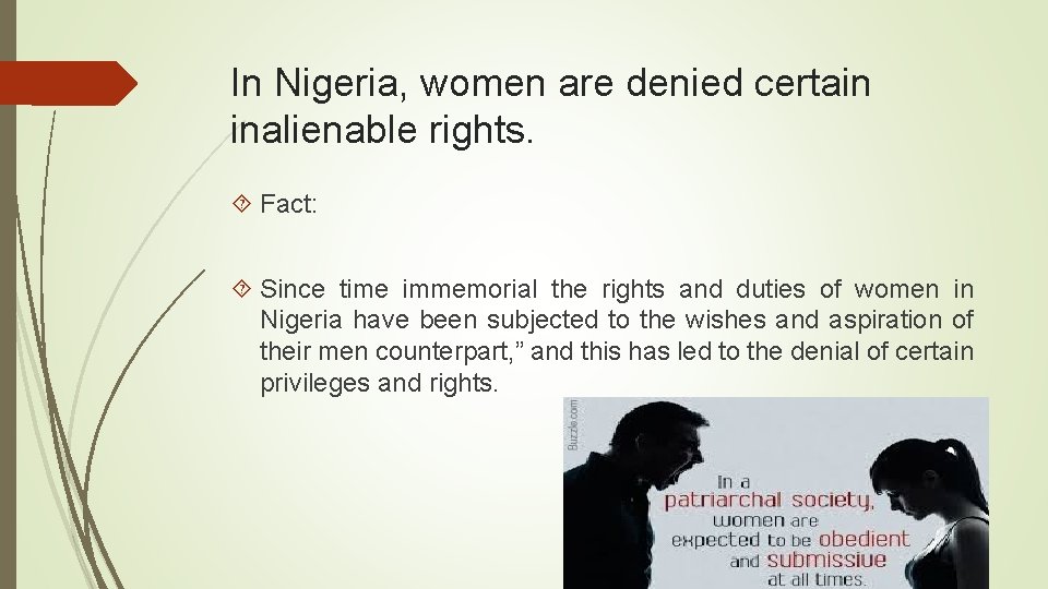 In Nigeria, women are denied certain inalienable rights. Fact: Since time immemorial the rights