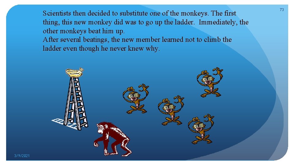  73 Scientists then decided to substitute one of the monkeys. The first thing,