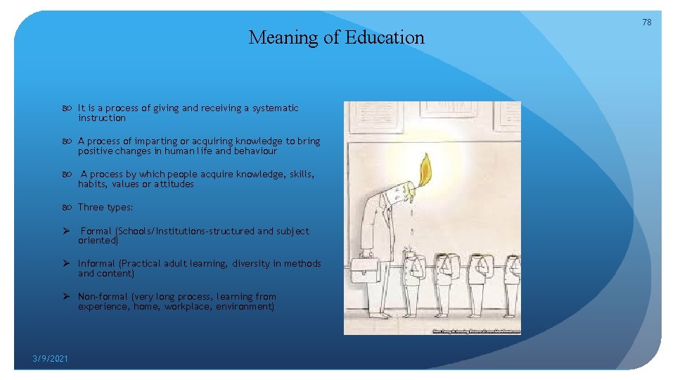 Meaning of Education It is a process of giving and receiving a systematic instruction
