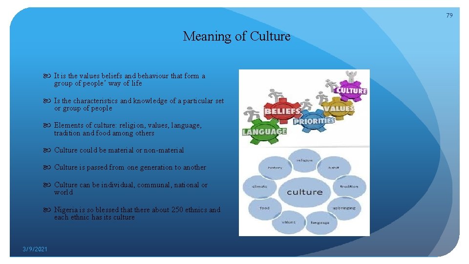 79 Meaning of Culture It is the values beliefs and behaviour that form a