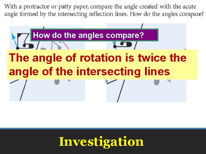 How do the angles compare? The angle of rotation is twice the angle of How do the angles compare? The angle of rotation is twice the angle of