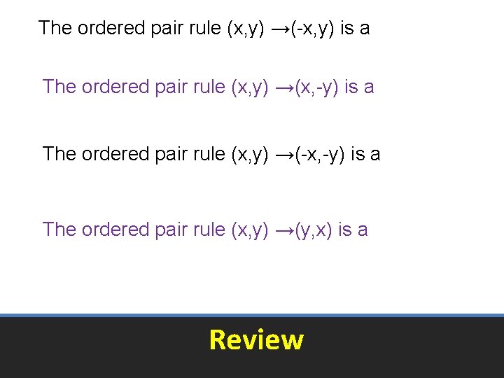 The ordered pair rule (x, y) →(-x, y) is a reflection across the y-axis The ordered pair rule (x, y) →(-x, y) is a reflection across the y-axis