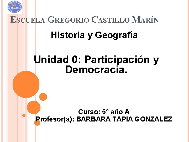 ESCUELA GREGORIO CASTILLO MARÍN Historia y Geografía Unidad 0: Participación y Democracia. Curso: 5°
