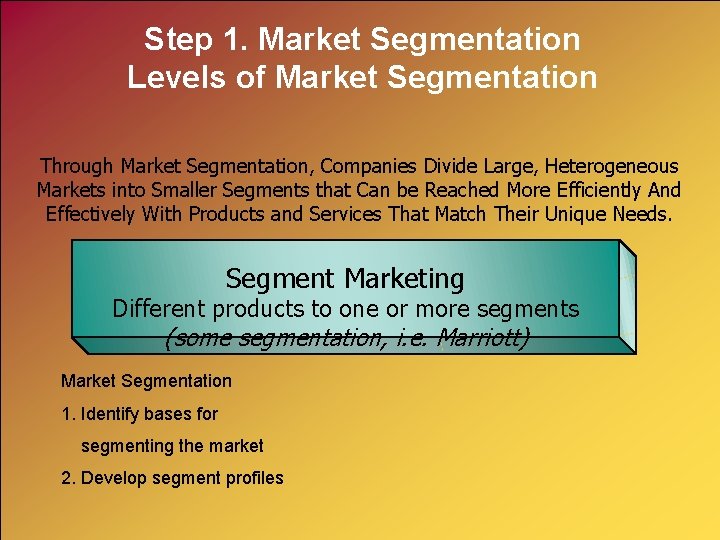 Step 1. Market Segmentation Levels of Market Segmentation Through Market Segmentation, Companies Divide Large,
