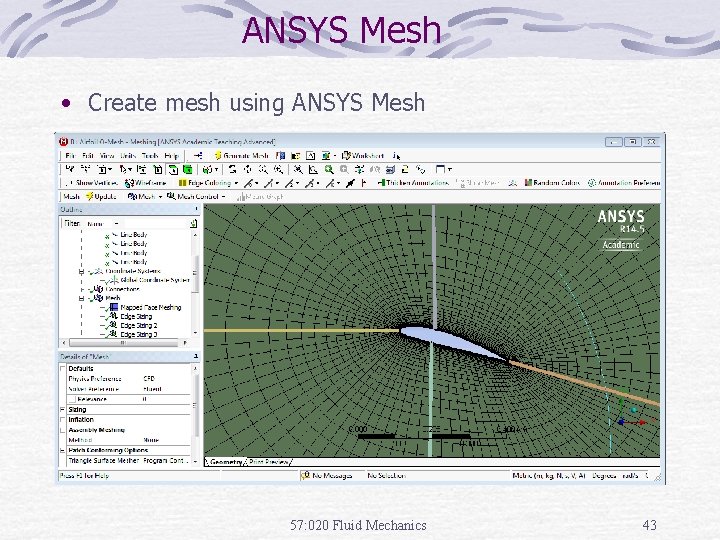 ANSYS Mesh • Create mesh using ANSYS Mesh 57: 020 Fluid Mechanics 43 