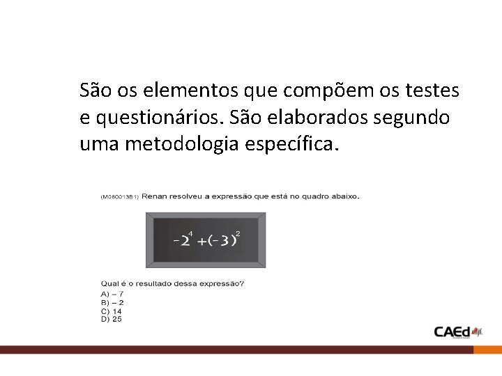 São os elementos que compõem os testes e questionários. São elaborados segundo uma metodologia