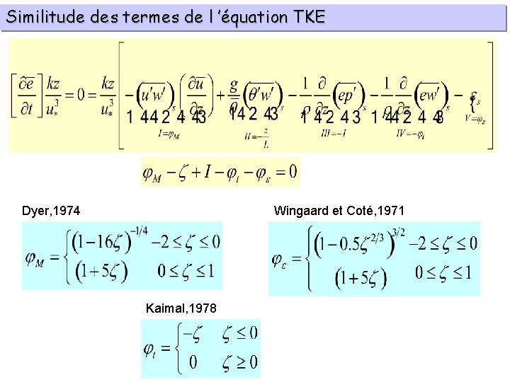 Similitude des termes de l ’équation TKE Dyer, 1974 Wingaard et Coté, 1971 Kaimal,