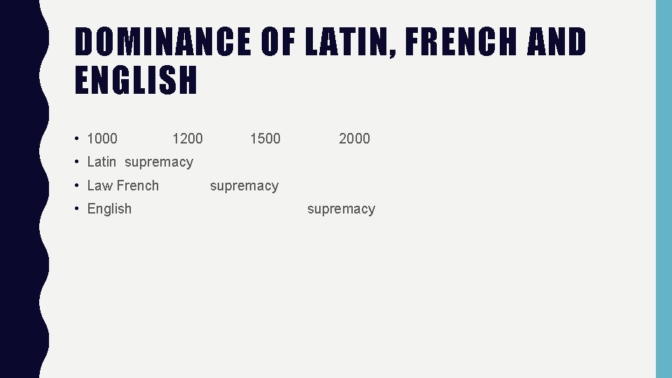 DOMINANCE OF LATIN, FRENCH AND ENGLISH • 1000 1200 1500 2000 • Latin supremacy
