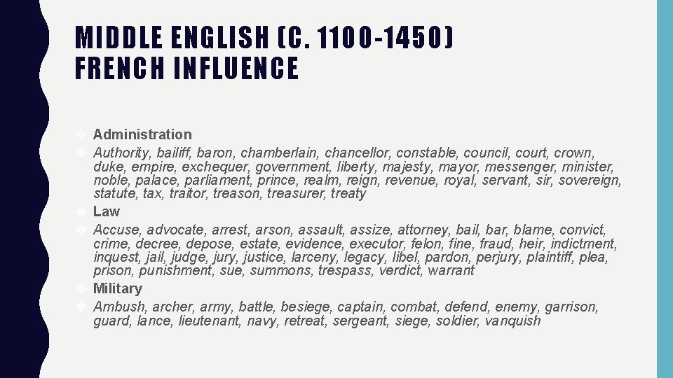 MIDDLE ENGLISH (C. 1100 -1450) FRENCH INFLUENCE Administration Authority, bailiff, baron, chamberlain, chancellor, constable,