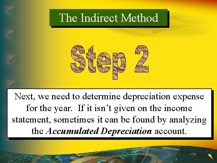 The Indirect Method Next, we need to determine depreciation expense for the year. If