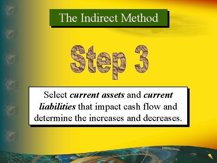 The Indirect Method Select current assets and current liabilities that impact cash flow and
