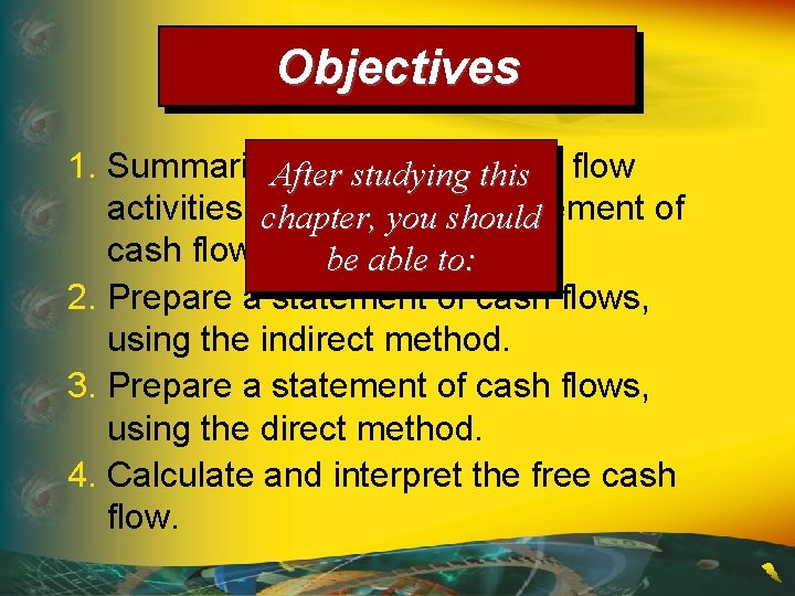 Objectives 1. Summarize. After the studying types ofthis cash flow activities reported in the