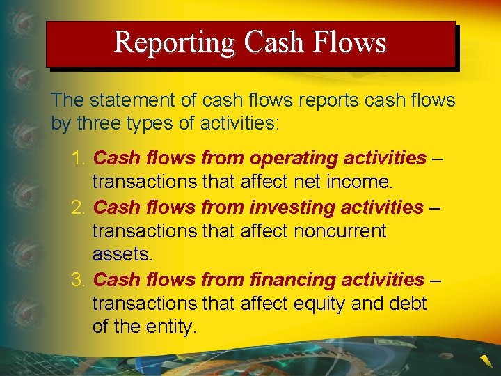 Reporting Cash Flows The statement of cash flows reports cash flows by three types