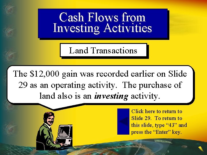 Cash Flows from Investing Activities Land Transactions The $12, 000 gain was recorded earlier