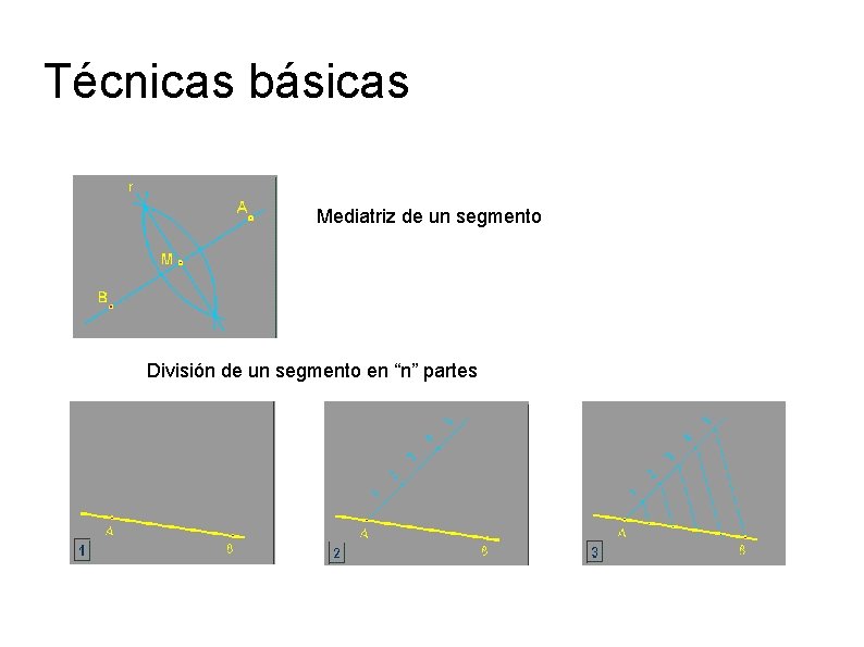 Técnicas básicas Mediatriz de un segmento División de un segmento en “n” partes 