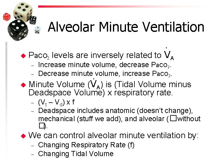 Alveolar Minute Ventilation. u Pa. CO 2 levels are inversely related to VA –