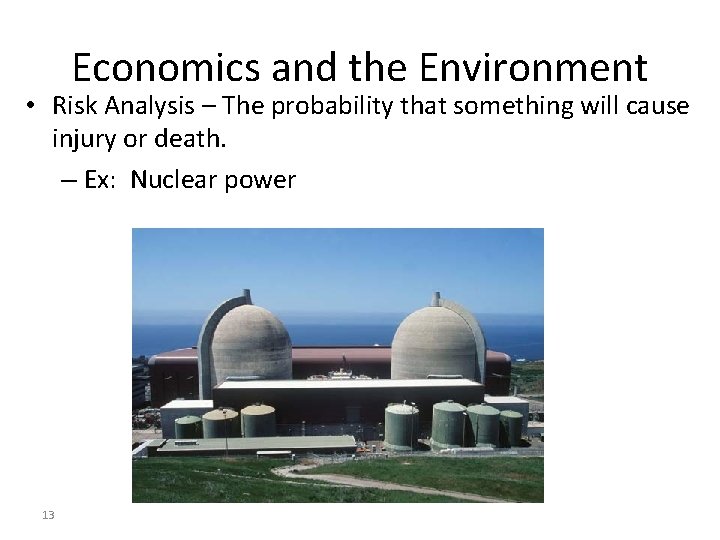 Economics and the Environment • Risk Analysis – The probability that something will cause
