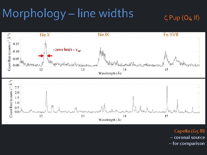 Morphology – line widths Ne IX Ne X Pup (O 4 If) Fe XVII