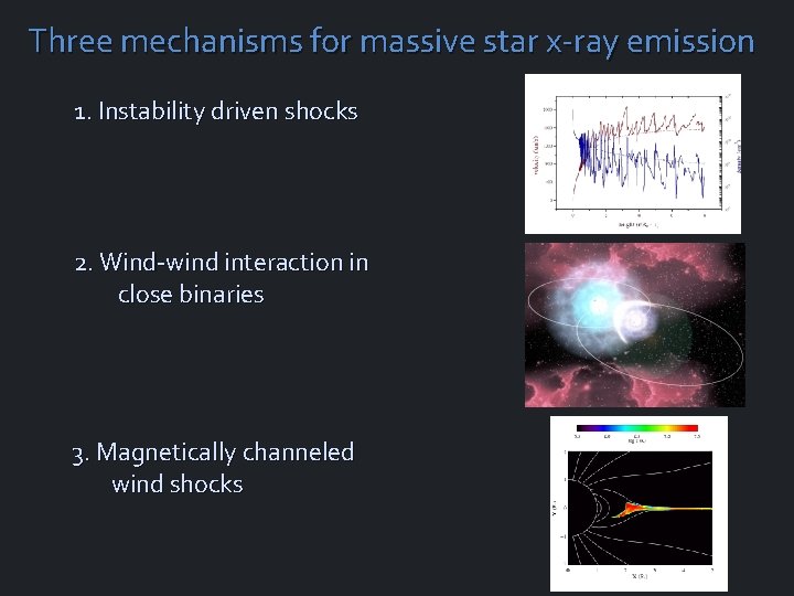 Three mechanisms for massive star x-ray emission 1. Instability driven shocks 2. Wind-wind interaction