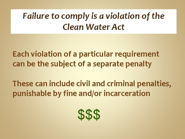 Failure to comply is a violation of the Clean Water Act Each violation of