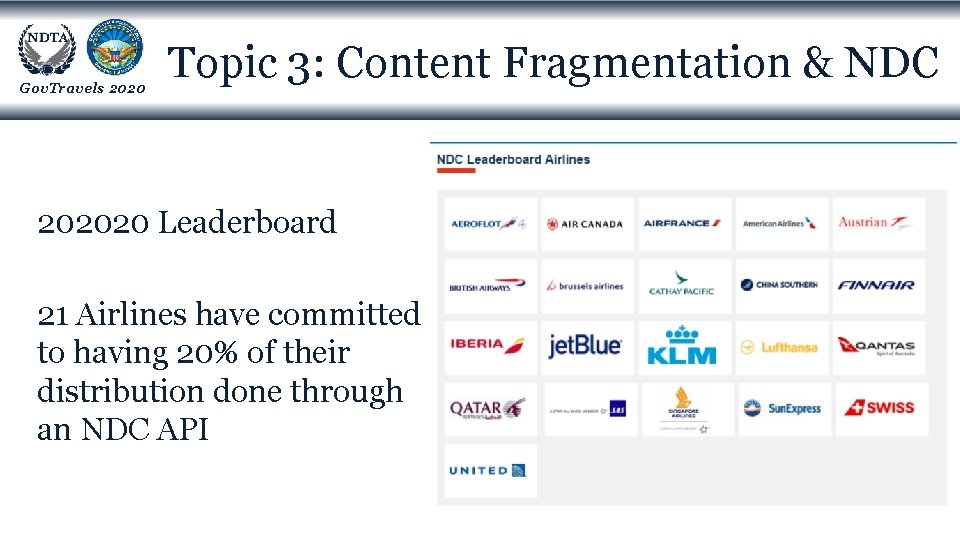 Gov. Travels 2020 Topic 3: Content Fragmentation & NDC 202020 Leaderboard 21 Airlines have