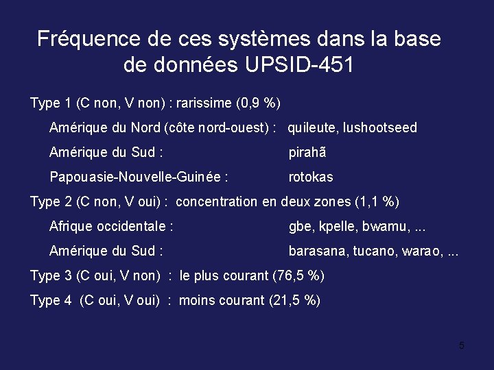 Fréquence de ces systèmes dans la base de données UPSID-451 Type 1 (C non,